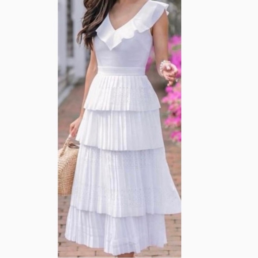 NWT banana republic white midi dress with laser cut detailing and layered pleats